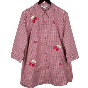 Alia Red & White Check Plaid Button Down Embroidered Cherry Detail Shirt 18W